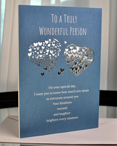 Elegant Blue Birthday Card with Silver Hearts - Heartfelt Wishes