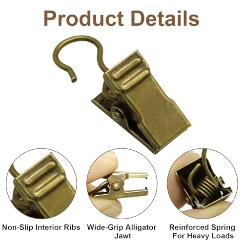 50 Pack Gold Heavy Duty Curtain Clips - Sturdy Metal Hooks