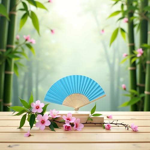 Blue Handheld Bamboo Folding Fan - Elegant Decor for Weddings & Parties