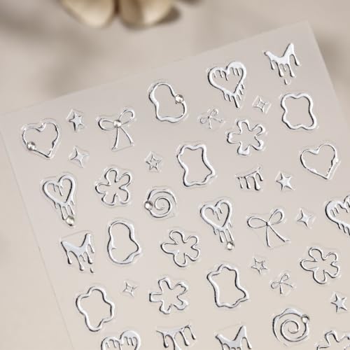 SIMAYKUWA Gold Silver Nail Art Stickers - 2-Sheet Metallic Heart Bow Decals