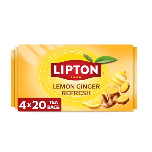 Lipton Lemon Ginger Herbal Tea - 80 Count (Pack of 4) - Caffeine Free Tea Bags