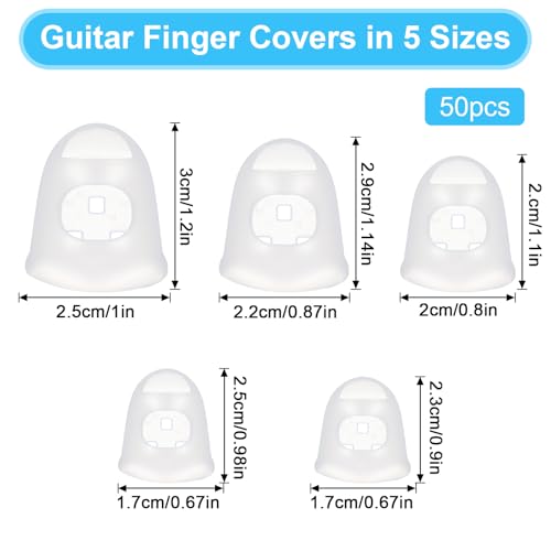 50 Pcs Guitar Finger Covers, Silicone Finger Tip Protectors Anti-Slip & Breathable Silicone Guitar Fingers Guards for Guitars Playing, Ukulele Bass, and Sewing (5 Sizes, White)