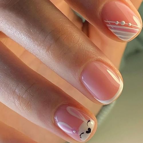 Easter Press on Nails Short Square White French Tip Fake Nails 24 Pcs