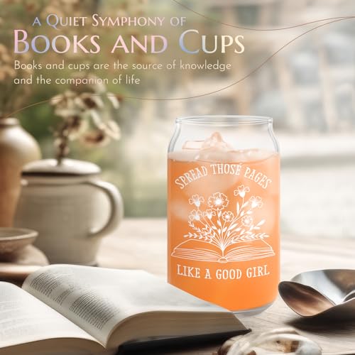 Book Flower Glass Cup 16oz - Book Lovers Gift with Bamboo Lid & Straw