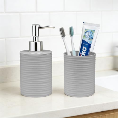 Gray Bathroom Set with Ripple Texture Soap Dispenser & Toothbrush Holder