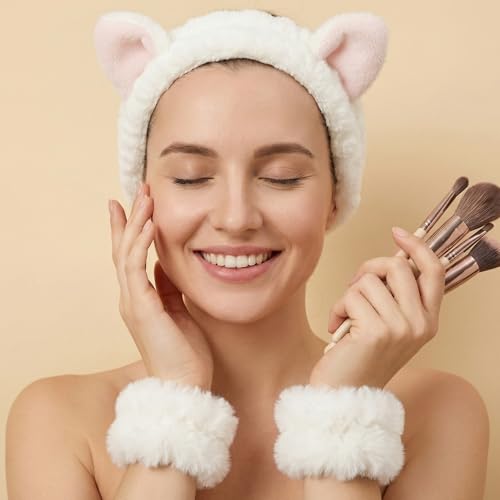 Cat Ear Spa Headband and Wristband Set for Washing Face and Skincare