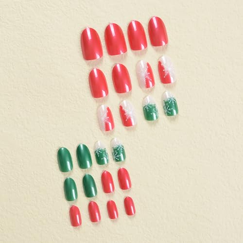 SWEKKE Christmas Press on Nails Short Almond Winter Fake Nails 24Pcs