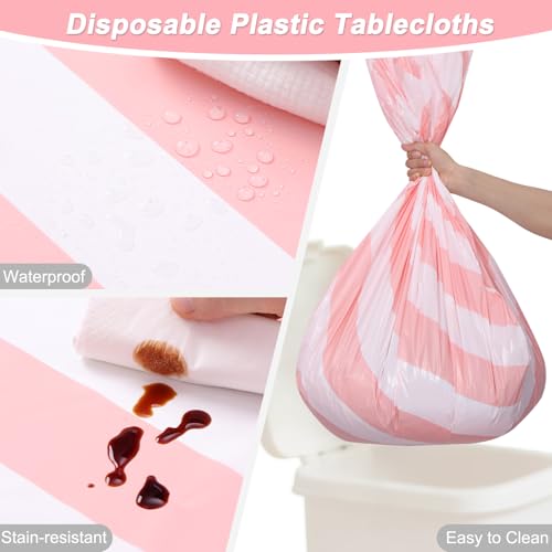 3 Packs Pink Stripe Plastic Tablecloths 54x108 Inch - Vertical