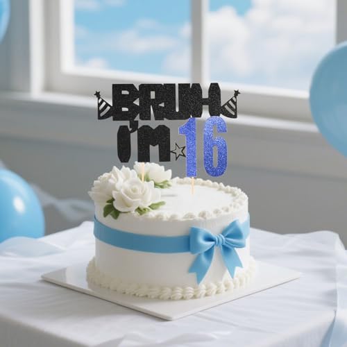 Bruh I'm 16 Birthday Cake Topper, Glitter Black and Blue 16th Decor
