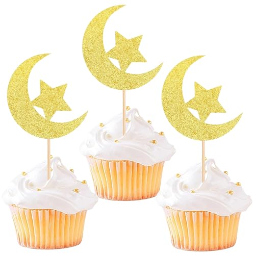 24 Pcs Star Moon Cupcake Toppers - Golden Glitter Decorations