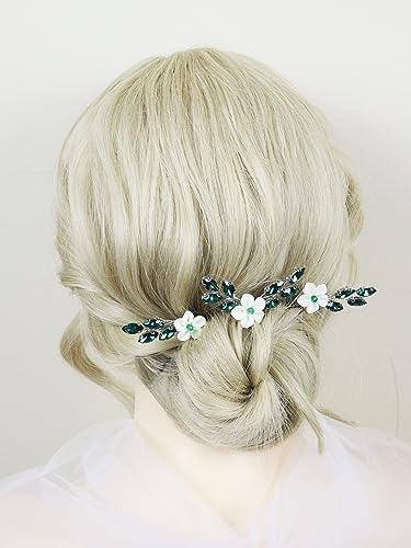 Brihasory Green White Flower Bridal Hair Pins 3PCS Rhinestone Hair Clips