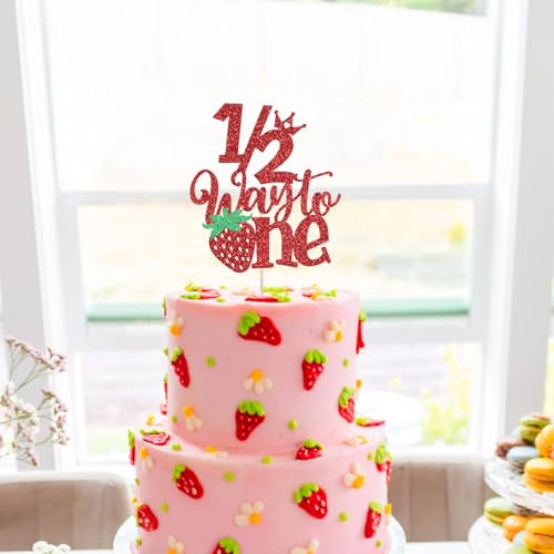 Strawberry Half Birthday Cake Topper - 6 Months Red Glitter Decor