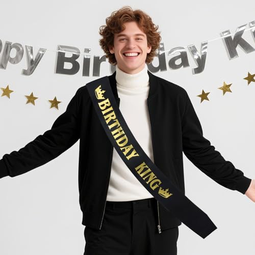 Birthday King Sash for Men - Black Satin with Gold Foil