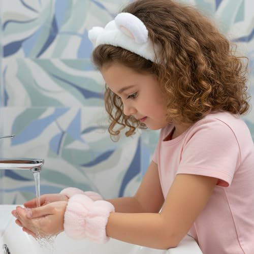 Dopenspi 3-Piece Bear Ears Spa Headband and Absorbent Wrist Towels Set