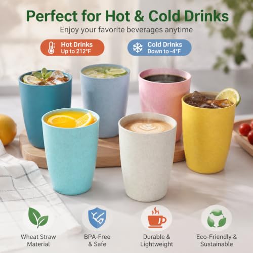 Reusable Wheat Straw Kids Cups - 6 Pack, 12 OZ, BPA Free