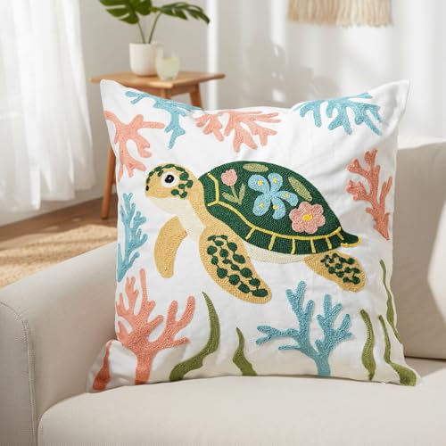 Coastal Sea Turtle Embroidered Throw Pillow Cover 18x18 Inch Beach Decor