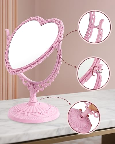 Pink Heart Shaped Double-Sided Rotatable Vanity Mirror for Desk - Cute Coquette Decor