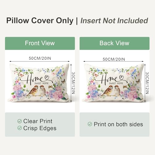 Spring Flower Bird Pillow Cover 12x20 Inch Home Decor Cushion Case