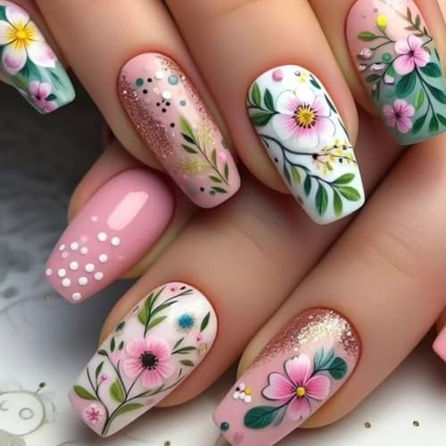 Summer Flower Press On Nails Medium Square Gradient Floral Acrylic Fake Nails Set