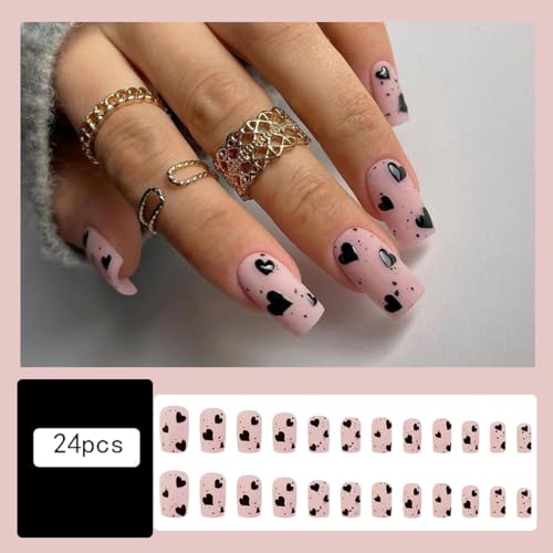 Black Heart Press on Nails Square Matte Pink Acrylic False Nails 24pcs