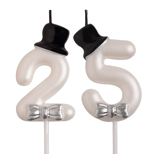 Aoolada 25th & 52nd Birthday Number Candles with Silver Bows and Purple Hats