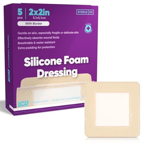 5 CT Silicone Foam Dressing 2x2 - Adhesive Silicone Bandages for Wounds and Pressure Sores - Sterile Square Bandages 2x2 for Injury and Wound Care