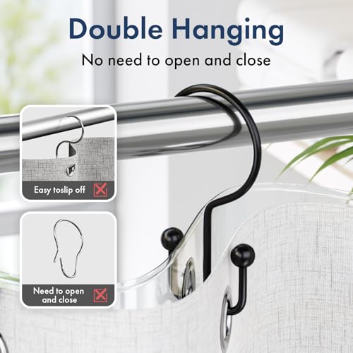Matte Black Shower Curtain Hooks - 12 Pcs Double Hook Rings for Bathroom