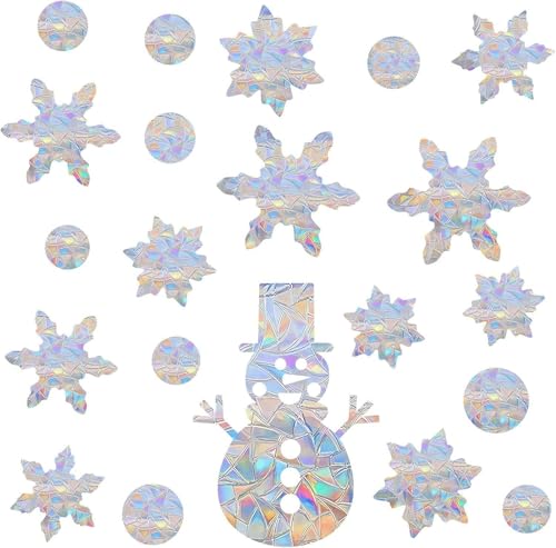 Christmas Snowflake Window Clings with Snowman Variation - Rainbow Rainbow Prismatic Vinyl Decals for Birds Strike Prevention