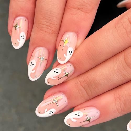 Halloween Press on Nails Short Almond Fake Acrylic Nail Kit with Glue