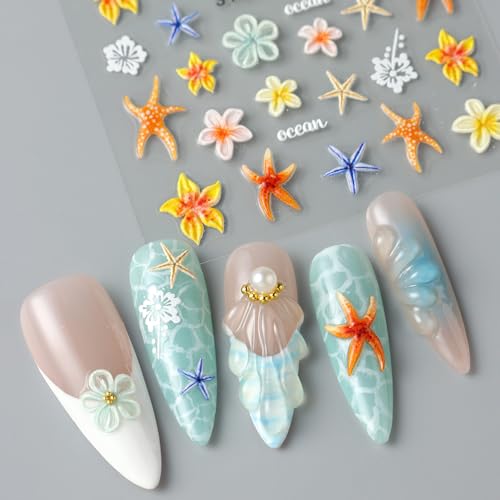 5D Embossed Ocean Nail Art Stickers - Summer Marine Starfish & Flowers