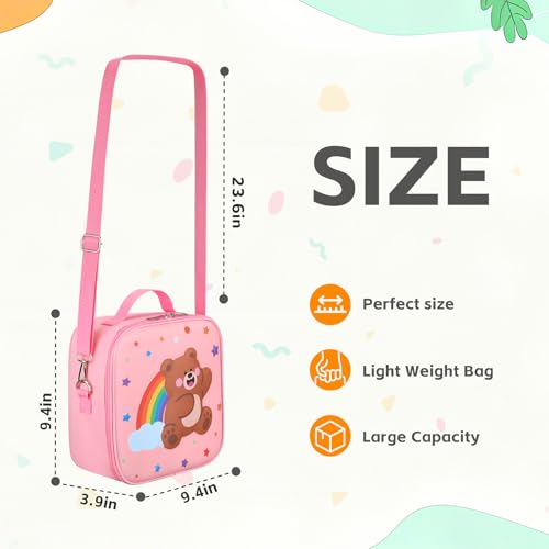 Insulated Kids Lunch Bag with Adjustable Strap - Bear Pink