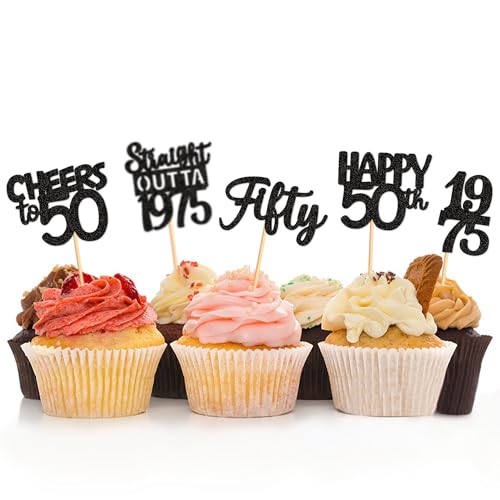 30PCS Black Glitter 50th Birthday Cupcake Toppers Set