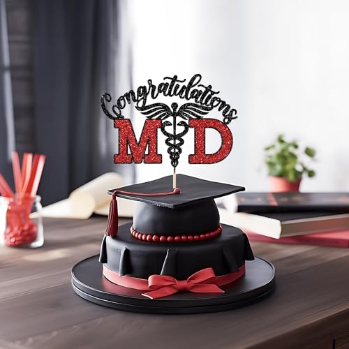 Congrats MD Cake Topper Black and Red Glitter Medical School Graduation Party