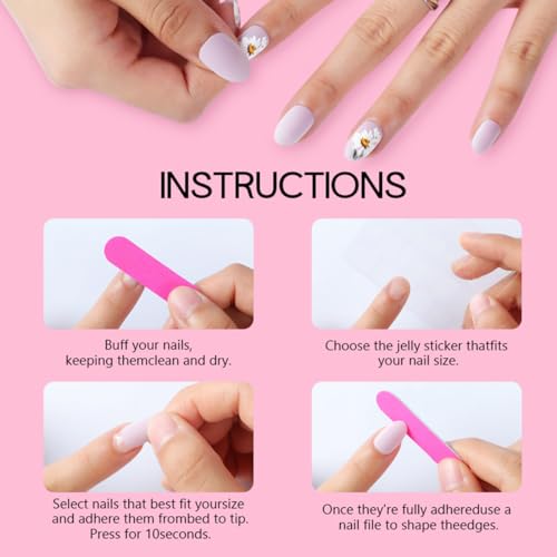 Pink Flower Press on Nails Almond French Tip Fake Nails with Rhinestones