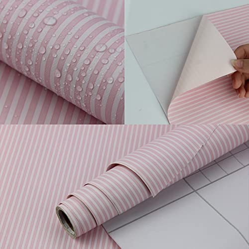 Pink and White Stripe Self-Adhesive Wallpaper Contact Paper 17.7" x 117"