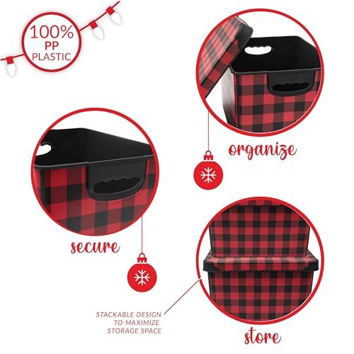 Checkered Design Holiday Storage Bin - Christmas Tote with Lid - Buffalo Plaid Organizer