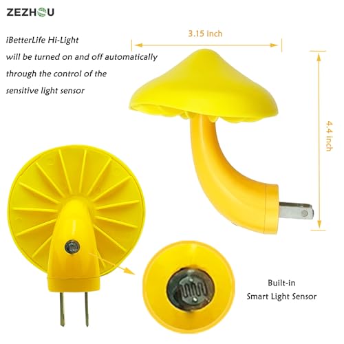 ZEZHOU Warm Yellow Mushroom Night Light - 2-Pack Plug-In Sensor Lamp