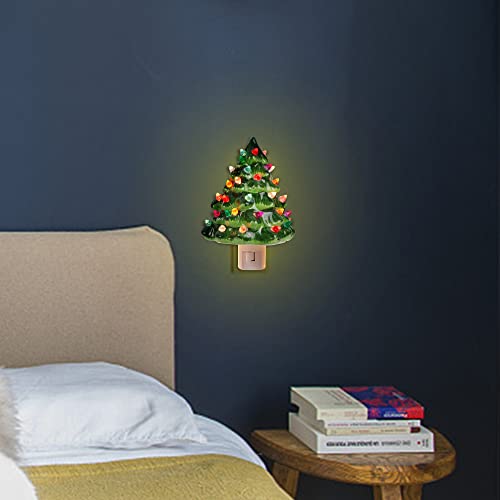 Green Ceramic Christmas Tree Night Light with Multicolor Bulbs - 6 Inch