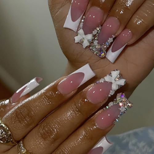 White French Press On Nails Long Square Almond Fake Nails with 3D Bow Rhinestones
