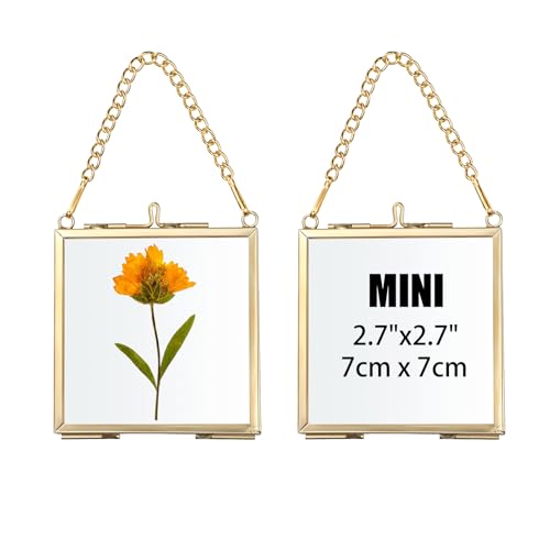 JUXYES 2.8" Hanging Mini Double Glass Picture Frame - Gold, 2 PCS