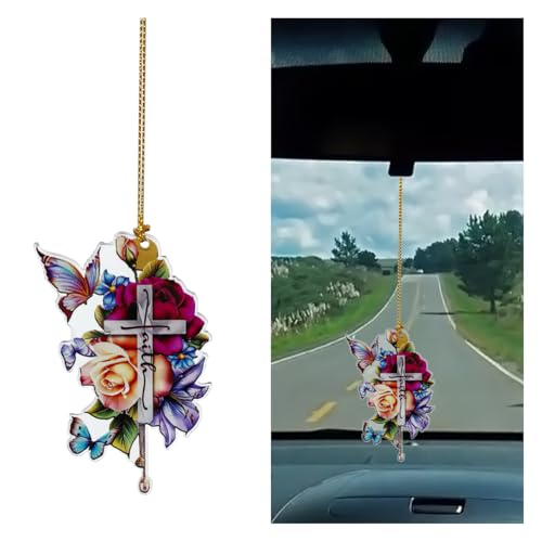 Jesus Cross Flower Rear View Mirror Pendant - Acrylic Car Charm