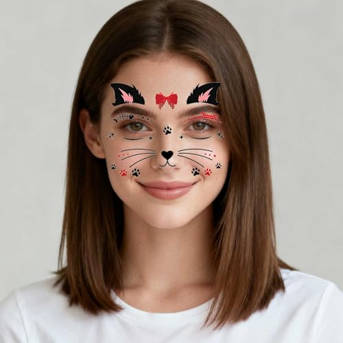 Cat Face Gems Crystal Temporary Tattoos 6 Sheets Festival Makeup