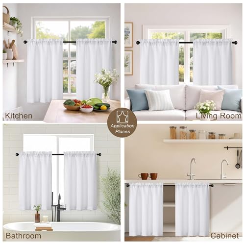 LIVEKID White Faux Linen Short Kitchen Curtains 30"W x 24"L - 2 Panels
