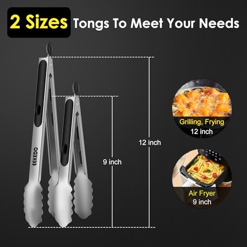 Stainless Steel Kitchen Tongs Set - 9" & 12" Heat Resistant with Silicone Grip