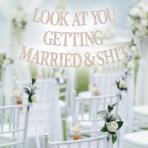 GREABRRY Champagne Glitter Wedding & Bachelorette Banner - 9ft Just Married Decor