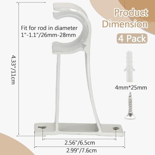 Suiwotin Heavy-Duty Curtain Rod Brackets for Wall - White, 4 Pack
