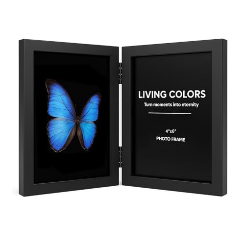 2 Hinged Black 4x6 Picture Frames Set - Double Fold Wood Photo Display