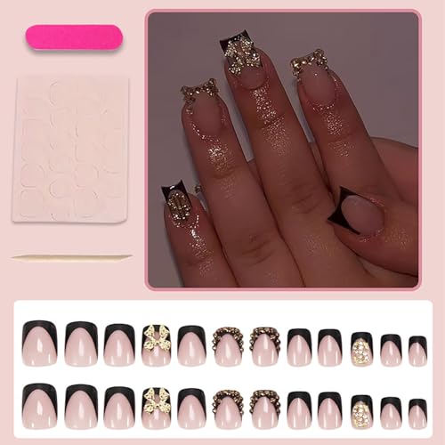 Black French Tip Press On Nails Short Square with 3D Gold Bow & Rhinestone
