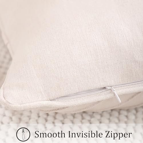 LUOYEHK Beige Linen Throw Pillow Covers Set of 2 18x18 Inch Modern Luxury Cushion Covers with Gold Leather Accent