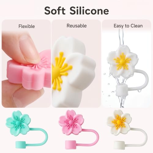Olen Flower Straw Toppers for 10mm Straws, Set of 3 Reusable Covers